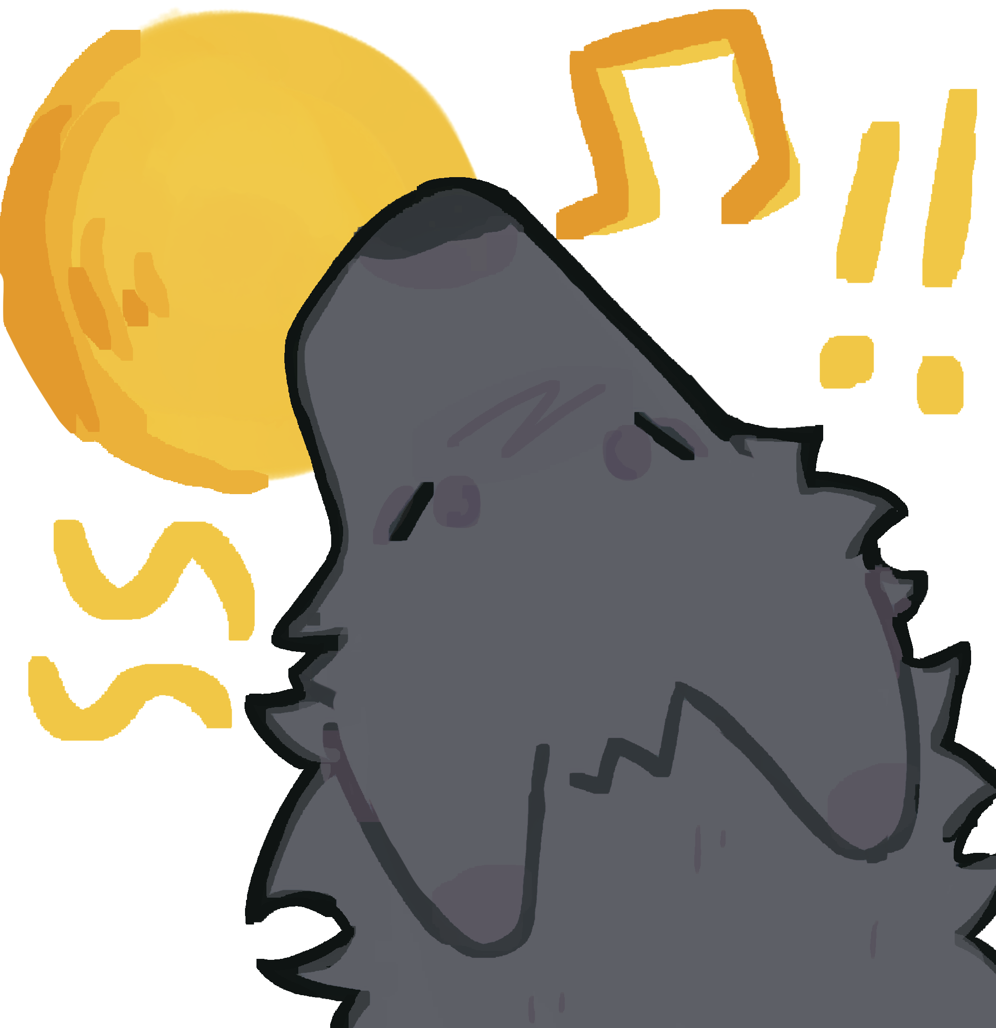 a stylized wolf howling at a yellow full moon. there are music notes and an exclamation mark